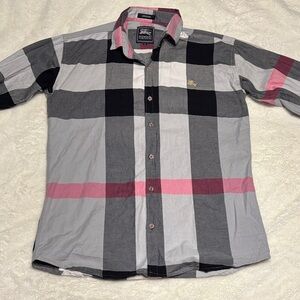 Burberry Men’s Gray, Black and Pink Check Button-Down Shirt